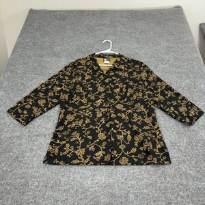 Vintage First Option Button Up Shirt Womens Large Black Linen Floral Casual Boho